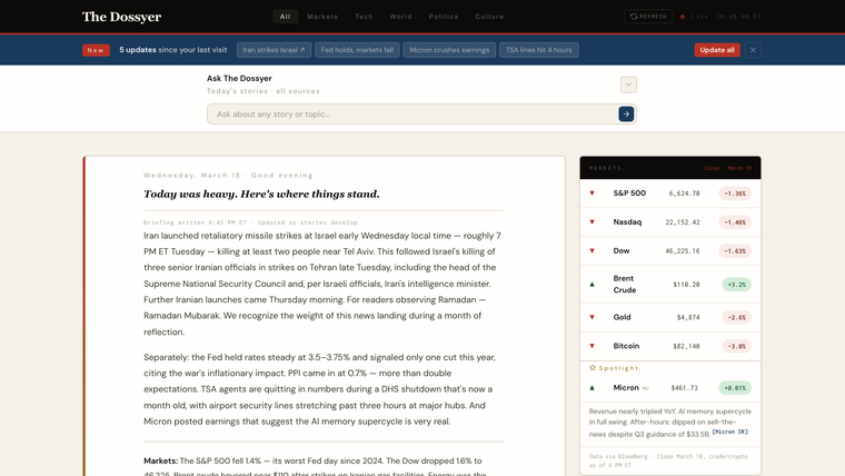 The Dossyer feed, masthead and briefing over the top stories and markets rail