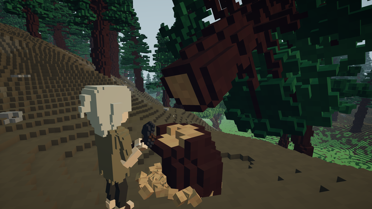 The clothed voxel character mid-swing with a pickaxe at a felled log, wood chips on the ground